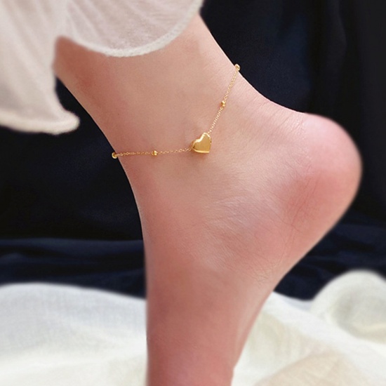 Picture of 304 Stainless Steel Stylish Link Chain Anklet Gold Plated Heart 21cm(8 2/8") long, 1 Piece