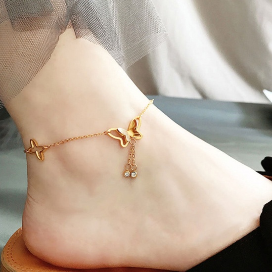 Picture of 304 Stainless Steel Stylish Link Chain Anklet Gold Plated Butterfly Animal Tassel Clear Cubic Zirconia 21cm(8 2/8") long, 1 Piece