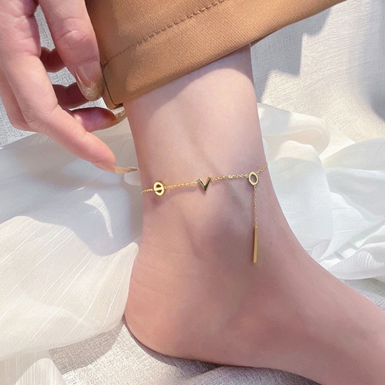 Picture of 304 Stainless Steel Stylish Link Chain Anklet Gold Plated Tassel Message " LOVE " 21cm(8 2/8") long, 1 Piece