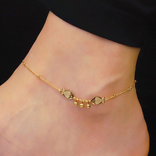Picture of 304 Stainless Steel Stylish Link Chain Anklet Gold Plated Fish Animal Tassel 21cm(8 2/8") long, 1 Piece