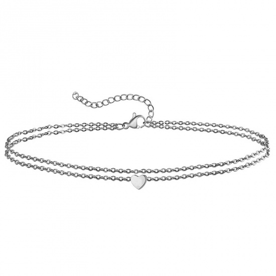 Picture of 304 Stainless Steel Stylish Link Cable Chain Multilayer Layered Anklet Silver Tone Heart 25cm(9 7/8") long, 1 Piece