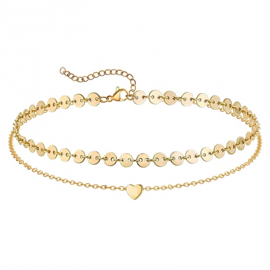 Picture of 304 Stainless Steel Stylish Link Cable Chain Multilayer Layered Anklet Gold Plated Heart 25cm(9 7/8") long, 1 Piece