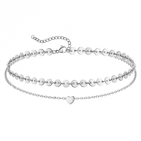 Picture of 304 Stainless Steel Stylish Link Cable Chain Multilayer Layered Anklet Silver Tone Heart 25cm(9 7/8") long, 1 Piece
