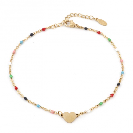 Picture of 304 Stainless Steel Simple Link Cable Chain Anklet Gold Plated Multicolor Enamel Heart 23.5cm(9 2/8") long, 1 Piece