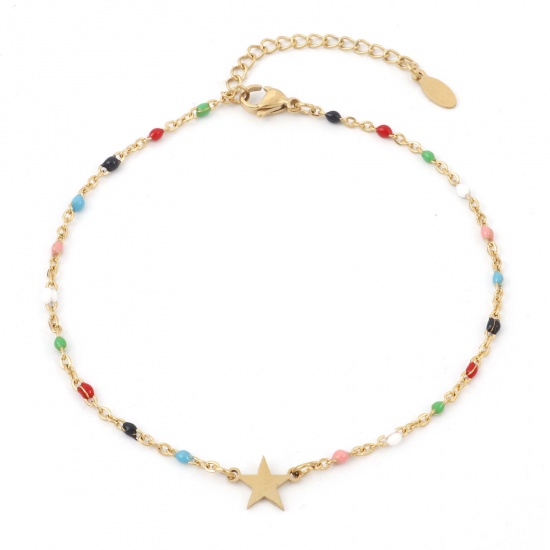 Picture of 304 Stainless Steel Simple Link Cable Chain Anklet Gold Plated Multicolor Enamel Pentagram Star 23.5cm(9 2/8") long, 1 Piece