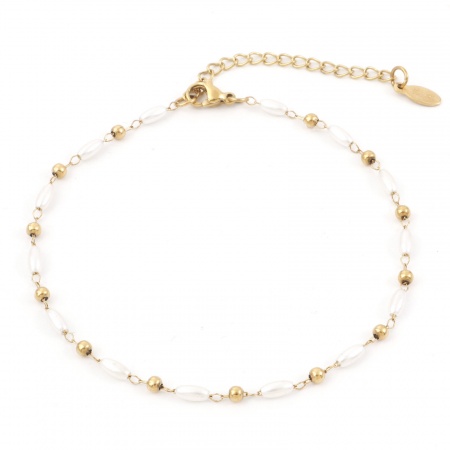 Picture of 1 Piece Vacuum Plating 304 Stainless Steel Simple Handmade Link Chain Anklet White Imitation Pearl 22.5cm(8 7/8