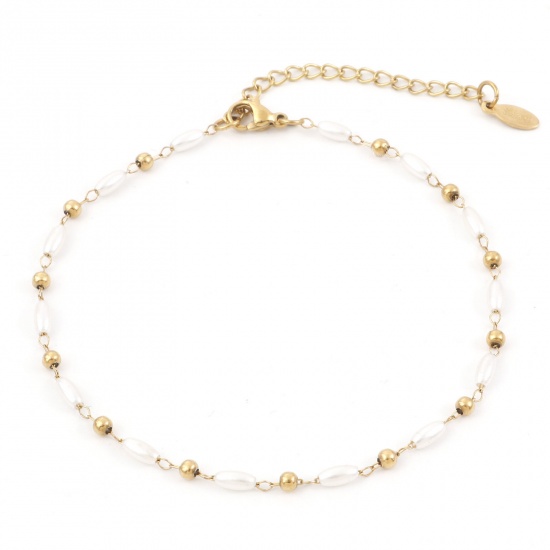 Picture of 304 Stainless Steel Simple Handmade Link Chain Anklet Gold Plated White Imitation Pearl 22.5cm(8 7/8") long, 1 Piece