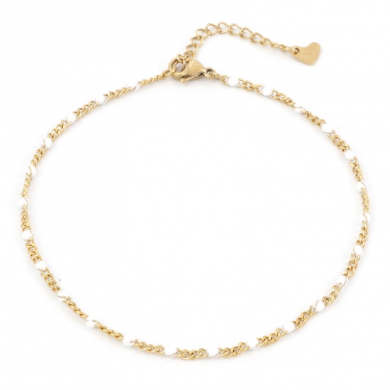 Picture of 304 Stainless Steel Simple Curb Link Chain Anklet Gold Plated White Enamel 23cm(9") long, 1 Piece