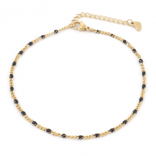 Picture of 304 Stainless Steel Simple Curb Link Chain Anklet Gold Plated Black Enamel 23cm(9") long, 1 Piece