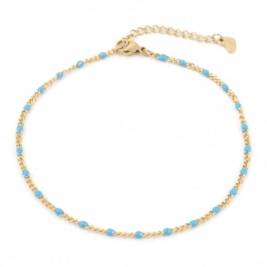 Picture of 304 Stainless Steel Simple Curb Link Chain Anklet Gold Plated Blue Enamel 23cm(9") long, 1 Piece