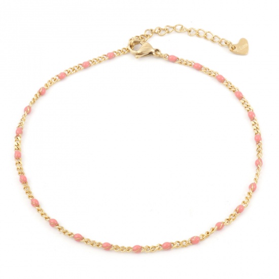 Picture of 304 Stainless Steel Simple Curb Link Chain Anklet Gold Plated Orange Pink Enamel 23cm(9") long, 1 Piece