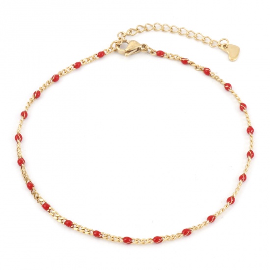 Picture of 304 Stainless Steel Simple Curb Link Chain Anklet Gold Plated Red Enamel 23cm(9") long, 1 Piece