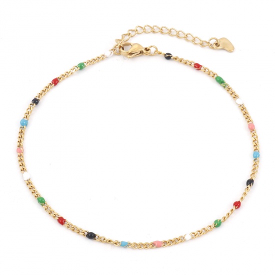 Picture of 304 Stainless Steel Simple Curb Link Chain Anklet Gold Plated Multicolor Enamel 23cm(9") long, 1 Piece