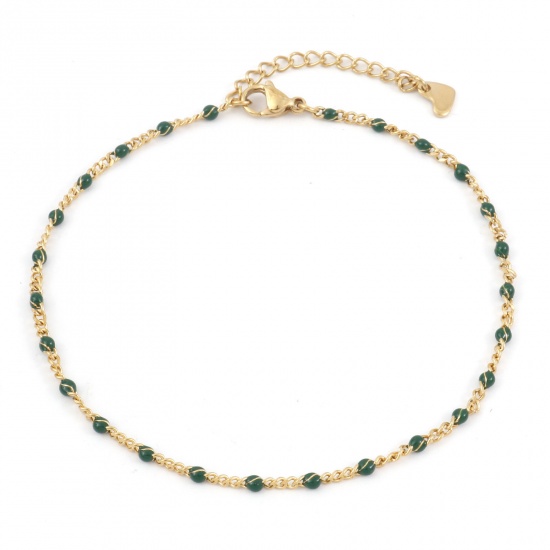 Picture of 304 Stainless Steel Simple Curb Link Chain Anklet Gold Plated Dark Green Enamel 23cm(9") long, 1 Piece