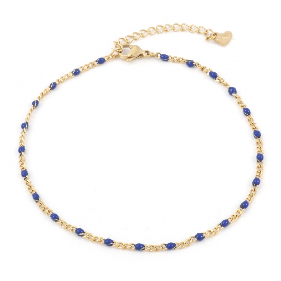 Picture of 304 Stainless Steel Simple Curb Link Chain Anklet Gold Plated Dark Blue Enamel 23cm(9") long, 1 Piece