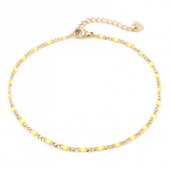 Picture of 304 Stainless Steel Simple Curb Link Chain Anklet Gold Plated Neon Yellow Enamel 23cm(9") long, 1 Piece
