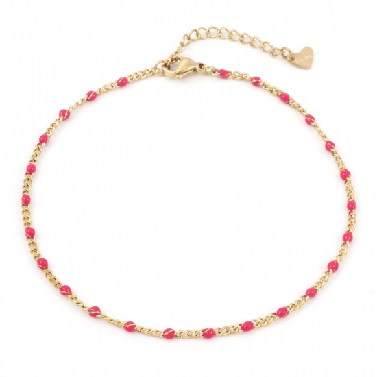 Picture of 304 Stainless Steel Simple Curb Link Chain Anklet Gold Plated Fuchsia Enamel 23cm(9") long, 1 Piece