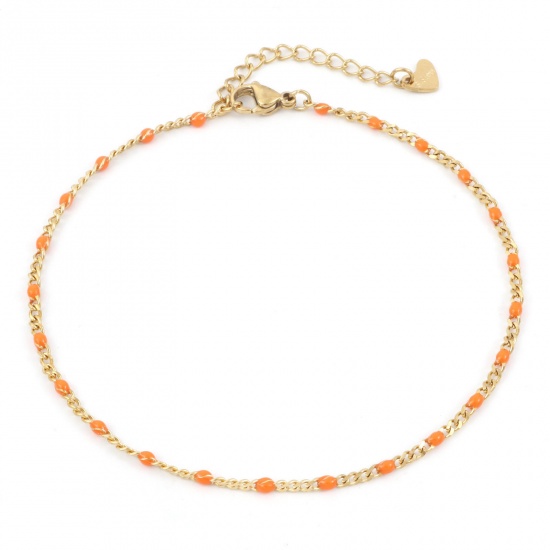 Picture of 304 Stainless Steel Simple Curb Link Chain Anklet Gold Plated Orange Enamel 23cm(9") long, 1 Piece