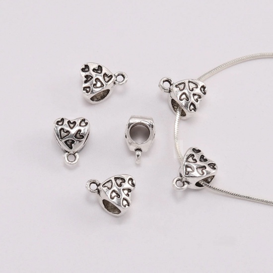 Picture of Zinc Based Alloy Bail Beads Heart Antique Silver Color Carved Pattern 12mm x 9mm, 20 PCs