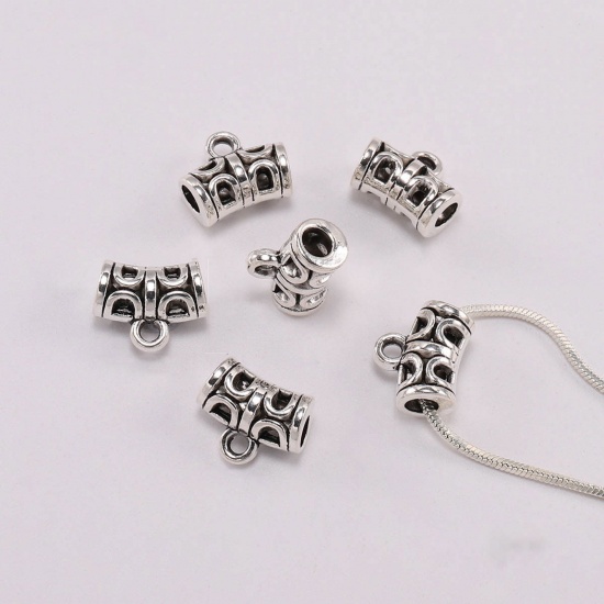 Picture of Zinc Based Alloy Bail Beads Half Moon Antique Silver Color Carved Pattern 20 PCs