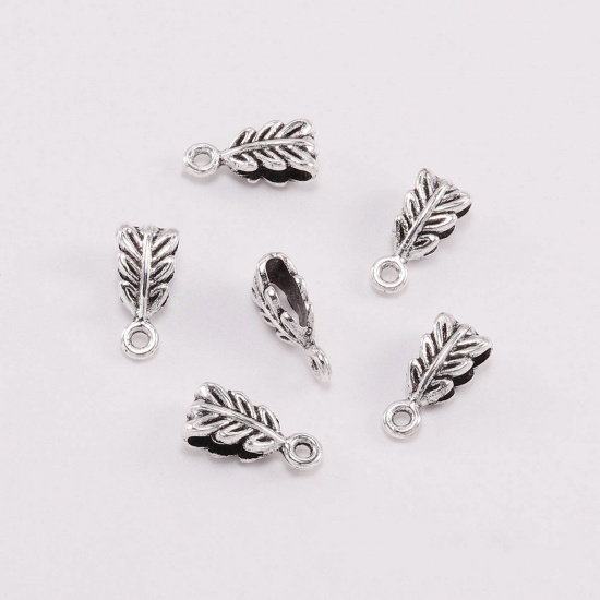 Picture of Zinc Based Alloy Bail Beads Leaf Antique Silver Color Carved Pattern 20 PCs