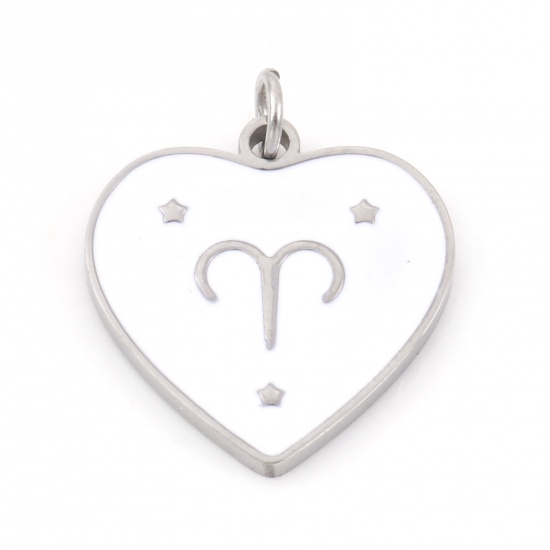 Picture of 304 Stainless Steel Valentine's Day Charms Silver Tone White Heart Aries Sign Of Zodiac Constellations Enamel 18mm x 15mm, 1 Piece