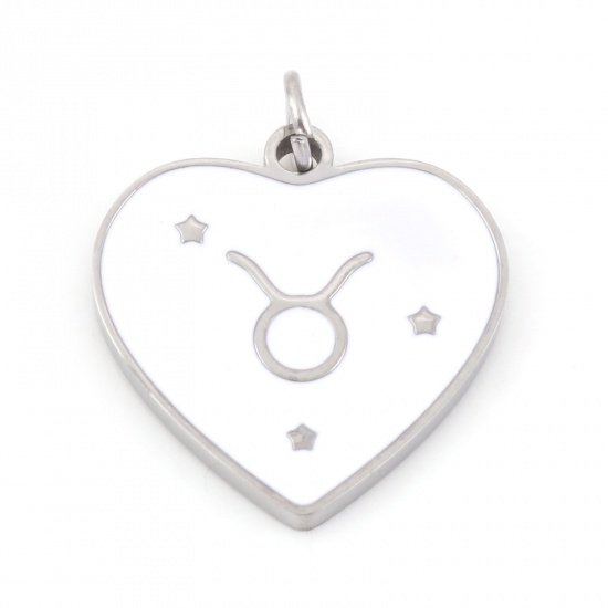 Picture of 304 Stainless Steel Valentine's Day Charms Silver Tone White Heart Taurus Sign Of Zodiac Constellations Enamel 18mm x 15mm, 1 Piece