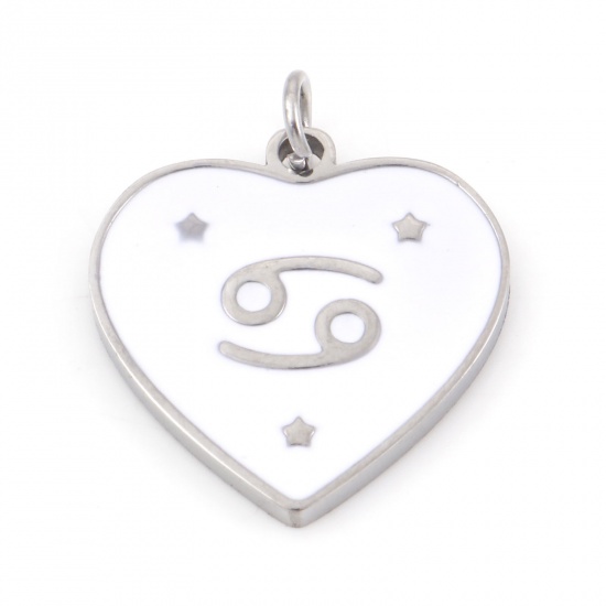 Picture of 304 Stainless Steel Valentine's Day Charms Silver Tone White Heart Cancer Sign Of Zodiac Constellations Enamel 18mm x 15mm, 1 Piece