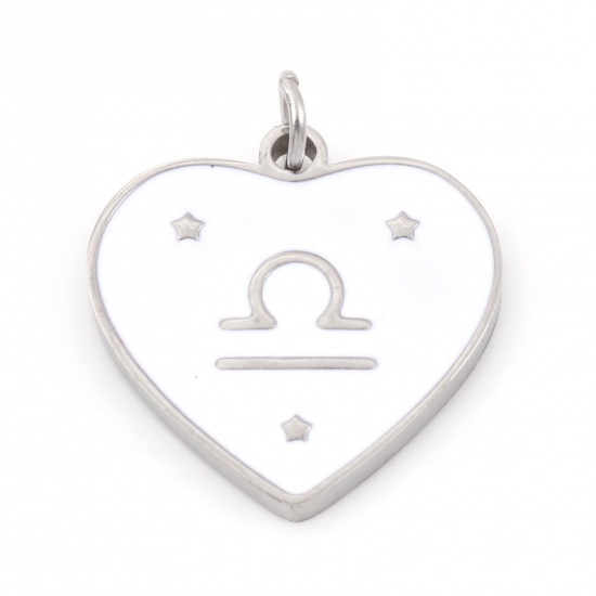 Picture of 304 Stainless Steel Valentine's Day Charms Silver Tone White Heart Libra Sign Of Zodiac Constellations Enamel 18mm x 15mm, 1 Piece
