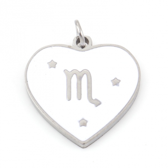 Picture of 304 Stainless Steel Valentine's Day Charms Silver Tone White Heart Scorpio Sign Of Zodiac Constellations Enamel 18mm x 15mm, 1 Piece