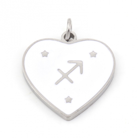 Picture of 304 Stainless Steel Valentine's Day Charms Silver Tone White Heart Sagittarius Sign Of Zodiac Constellations Enamel 18mm x 15mm, 1 Piece