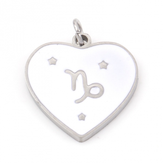Picture of 304 Stainless Steel Valentine's Day Charms Silver Tone White Heart Capricornus Sign Of Zodiac Constellations Enamel 18mm x 15mm, 1 Piece