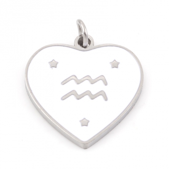 Picture of 304 Stainless Steel Valentine's Day Charms Silver Tone White Heart Aquarius Sign Of Zodiac Constellations Enamel 18mm x 15mm, 1 Piece