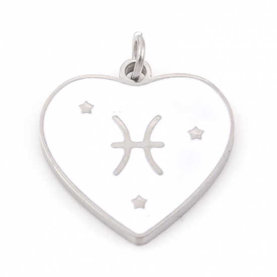 Picture of 304 Stainless Steel Valentine's Day Charms Silver Tone White Heart Pisces Sign Of Zodiac Constellations Enamel 18mm x 15mm, 1 Piece