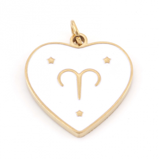 Picture of 304 Stainless Steel Valentine's Day Charms Gold Plated White Heart Aries Sign Of Zodiac Constellations Enamel 18mm x 15mm, 1 Piece