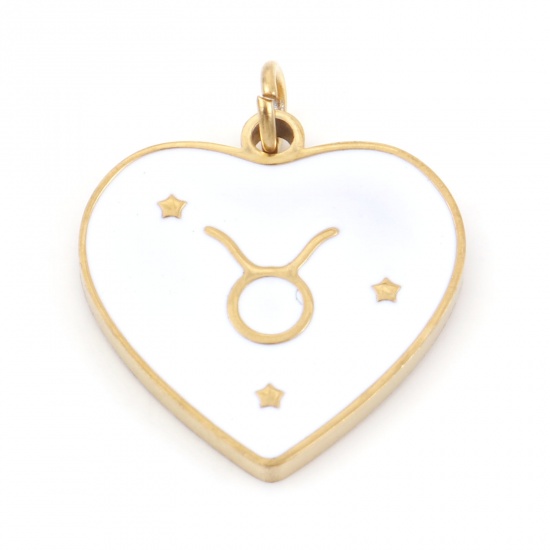Picture of 304 Stainless Steel Valentine's Day Charms Gold Plated White Heart Taurus Sign Of Zodiac Constellations Enamel 18mm x 15mm, 1 Piece