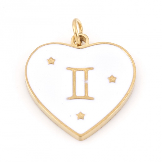 Picture of 304 Stainless Steel Valentine's Day Charms Gold Plated White Heart Gemini Sign Of Zodiac Constellations Enamel 18mm x 15mm, 1 Piece