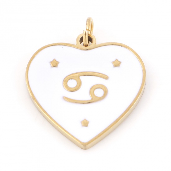 Picture of 304 Stainless Steel Valentine's Day Charms Gold Plated White Heart Cancer Sign Of Zodiac Constellations Enamel 18mm x 15mm, 1 Piece