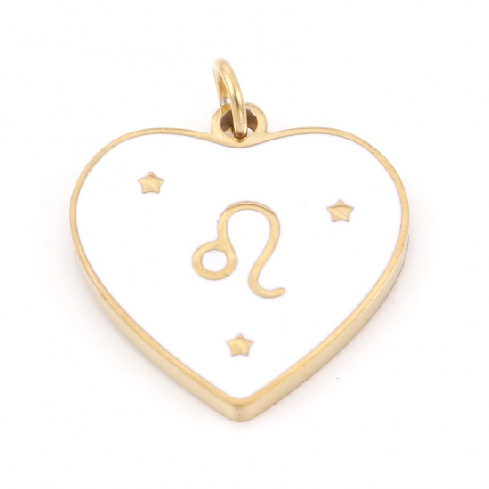 Picture of 304 Stainless Steel Valentine's Day Charms Gold Plated White Heart Leo Sign Of Zodiac Constellations Enamel 18mm x 15mm, 1 Piece