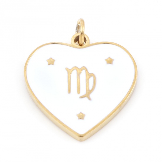 Picture of 304 Stainless Steel Valentine's Day Charms Gold Plated White Heart Virgo Sign Of Zodiac Constellations Enamel 18mm x 15mm, 1 Piece