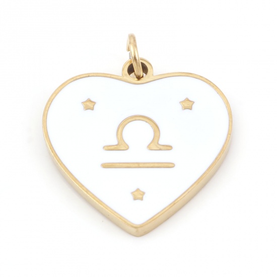 Picture of 304 Stainless Steel Valentine's Day Charms Gold Plated White Heart Libra Sign Of Zodiac Constellations Enamel 18mm x 15mm, 1 Piece