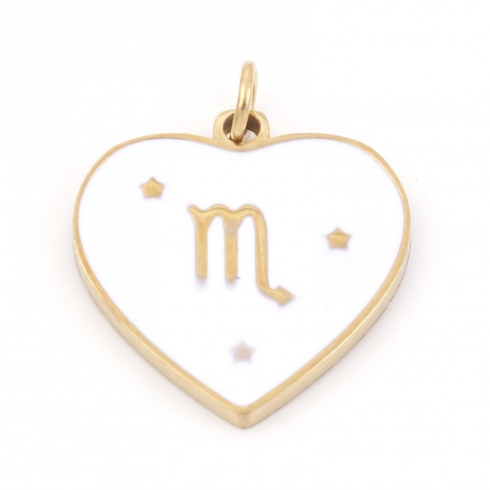 Picture of 304 Stainless Steel Valentine's Day Charms Gold Plated White Heart Scorpio Sign Of Zodiac Constellations Enamel 18mm x 15mm, 1 Piece