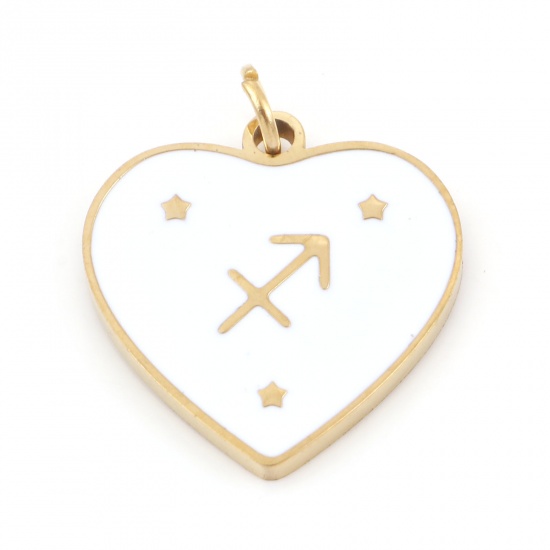 Picture of 304 Stainless Steel Valentine's Day Charms Gold Plated White Heart Sagittarius Sign Of Zodiac Constellations Enamel 18mm x 15mm, 1 Piece