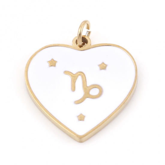 Picture of 304 Stainless Steel Valentine's Day Charms Gold Plated White Heart Capricornus Sign Of Zodiac Constellations Enamel 18mm x 15mm, 1 Piece