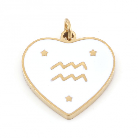 Picture of 304 Stainless Steel Valentine's Day Charms Gold Plated White Heart Aquarius Sign Of Zodiac Constellations Enamel 18mm x 15mm, 1 Piece