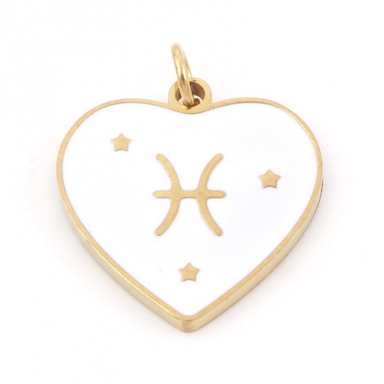 Picture of 304 Stainless Steel Valentine's Day Charms Gold Plated White Heart Pisces Sign Of Zodiac Constellations Enamel 18mm x 15mm, 1 Piece