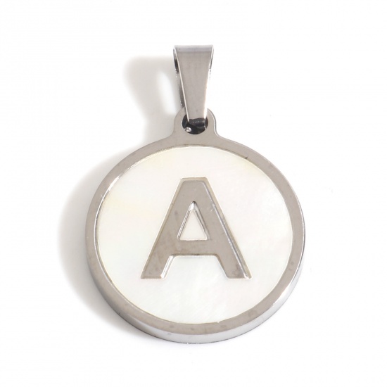 Picture of 1 Piece 304 Stainless Steel & Natural Shell Charm Pendant Silver Tone White Round Initial Alphabet/ Capital Letter Message " A " 24mm x 16mm