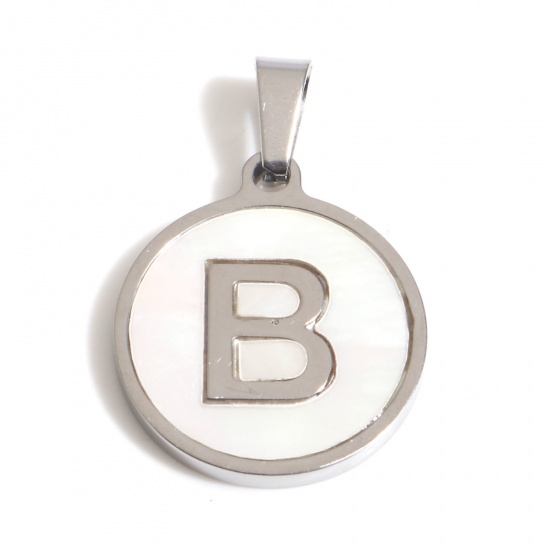 Picture of 1 Piece 304 Stainless Steel & Natural Shell Charm Pendant Silver Tone White Round Initial Alphabet/ Capital Letter Message " B " 24mm x 16mm