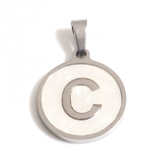 Picture of 1 Piece 304 Stainless Steel & Natural Shell Charm Pendant Silver Tone White Round Initial Alphabet/ Capital Letter Message " C " 24mm x 16mm