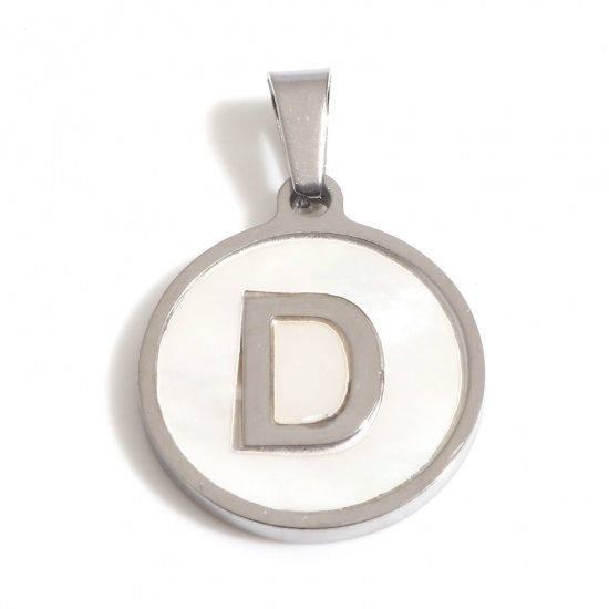 Picture of 1 Piece 304 Stainless Steel & Natural Shell Charm Pendant Silver Tone White Round Initial Alphabet/ Capital Letter Message " D " 24mm x 16mm